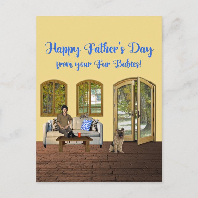 Fathers Day from Fur Babies, Man on Couch with Cat Postcard (Front)
