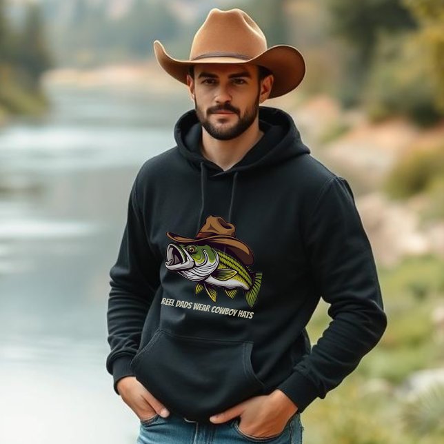 Fathers Day Funny Fish wearing a Cowboy Hat  Hoodie (Funny Bass Fish with Cowboy Hat-Father's Day Hoodie Fisherman Core Reel Dads wear cowboy hats)