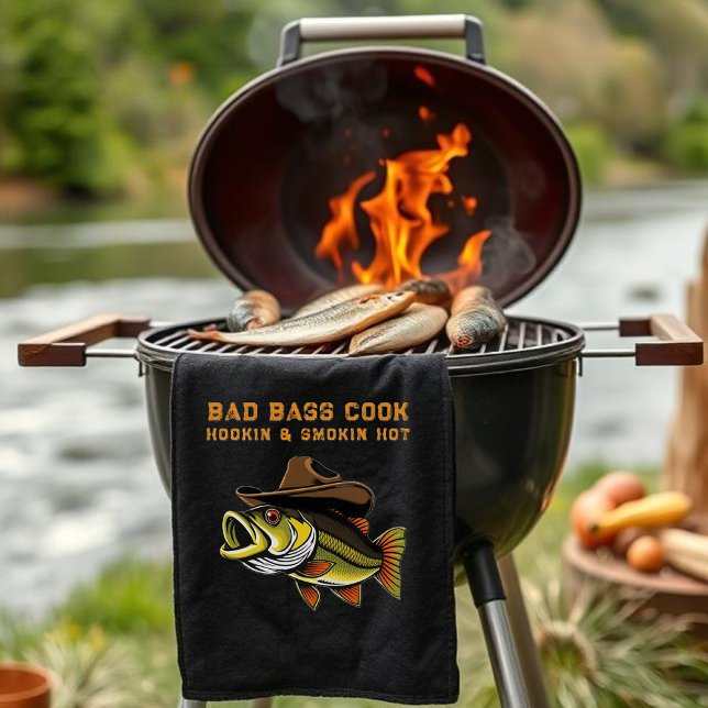 Fathers Day Funny Fish wearing a Cowboy Hat  Kitchen Towel (Funny Gift for Him-Fathers Day Gift-Bass Fish Wearing a Cowboy Hat-Fisherman Core-Gifts for Him)