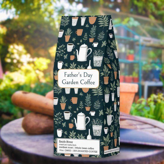 Father's Day Garden Plants Elegant Personalized Roasted Coffee (A personalized pack of roasted coffee for garden lovers on Father's Day, with plants and mugs design)