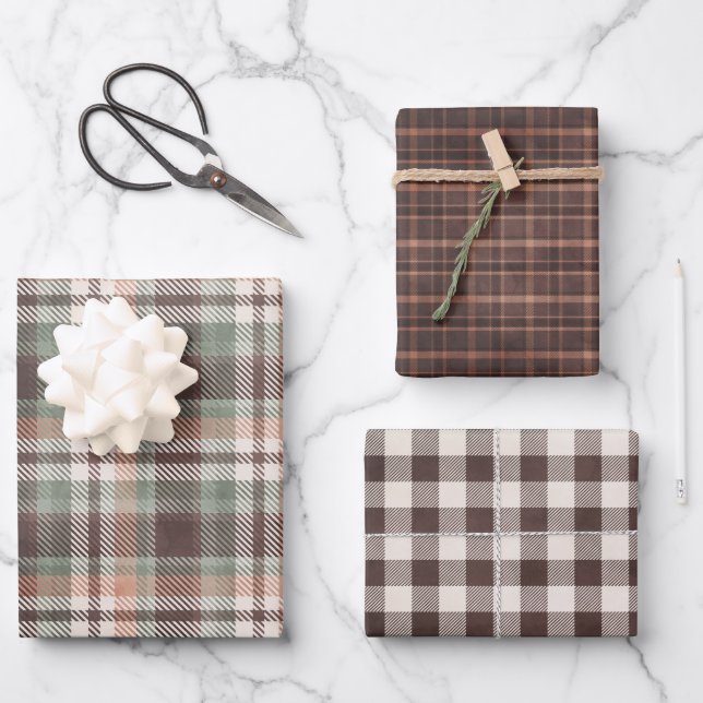 Father's Day Green & Brown Plaid Wrapping Paper Sheets (Front)