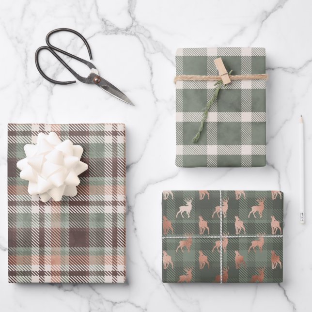 Father's Day Green Plaid Buck Wrapping Paper Sheets (Front)