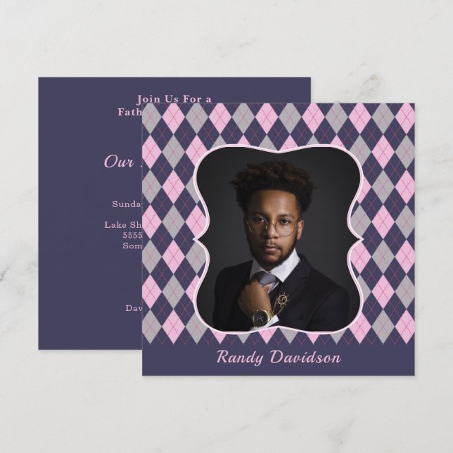 Fathers Day Photo Blue Pink Argyle Dinner Party Invitation (Front/Back)