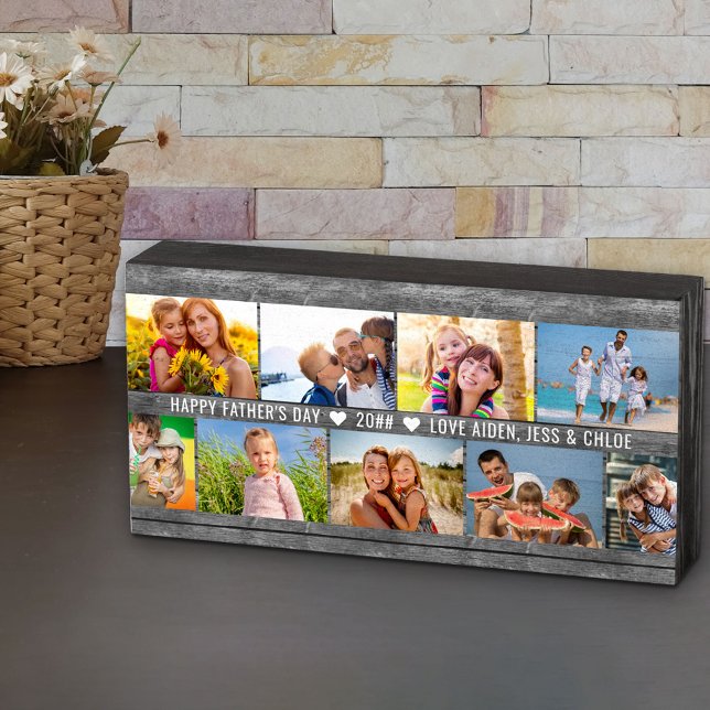 Father's Day Photo Collage 9 Photos & Custom Text Wooden Box Sign (Creator Uploaded)