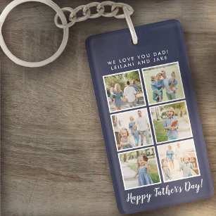 Father's Day Photo Collage Navy Blue Keychain
