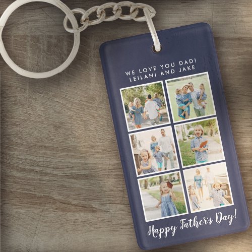 Fathers Day Photo Collage Navy Blue Keychain