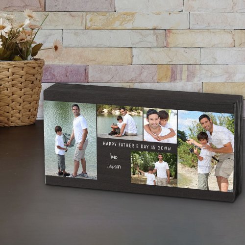 Fathers Day Photo Collage with 5 Photos and Name Wooden Box Sign