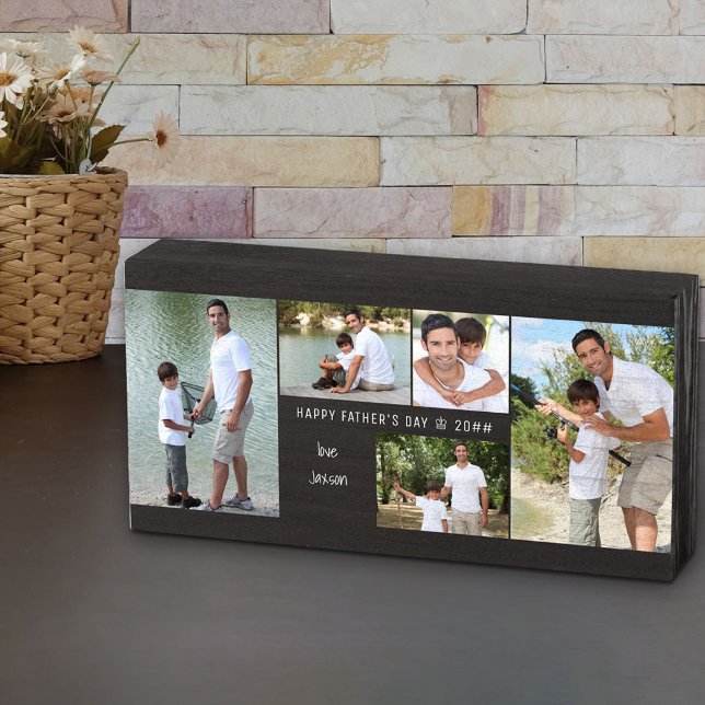 Father's Day Photo Collage with 5 Photos and Name Wooden Box Sign (Creator Uploaded)
