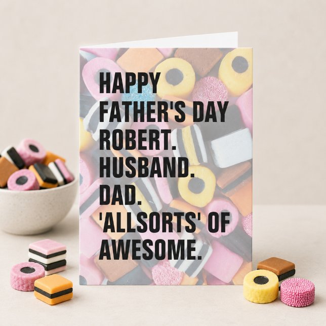Father's Day Retro Allsorts Candy Personalized Card (Add name & edit message inside to personalize )