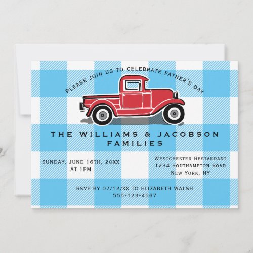 Fathers Day Vintage Truck Blue Buffalo Check Invitation