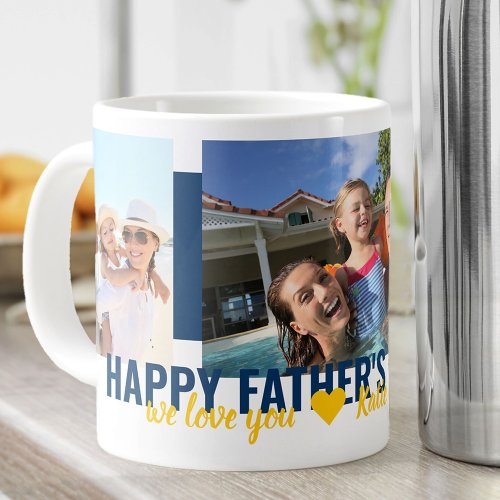 Fathers Day We Love You 3 Photo Bold Blue Giant Coffee Mug