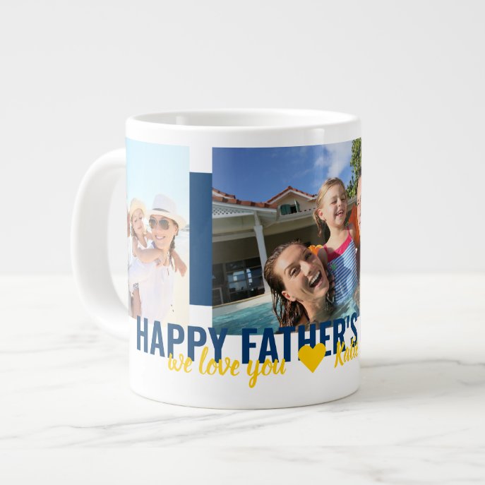 Fathers Day We Love You 3 Photo Bold Blue Giant Coffee Mug