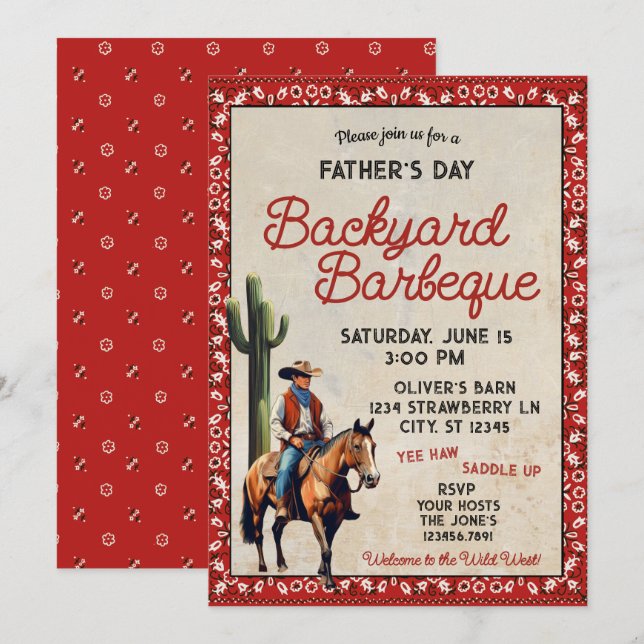 Father's Day Western Cowboy Barbeque  Invitation (Front/Back)