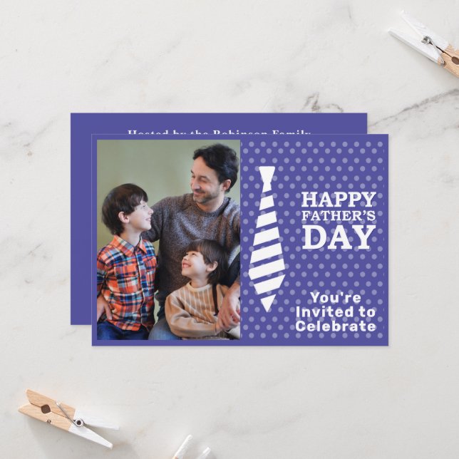 Fathers Day White Tie DK Blue Dots Add Photo Party Invitation (Front/Back In Situ)