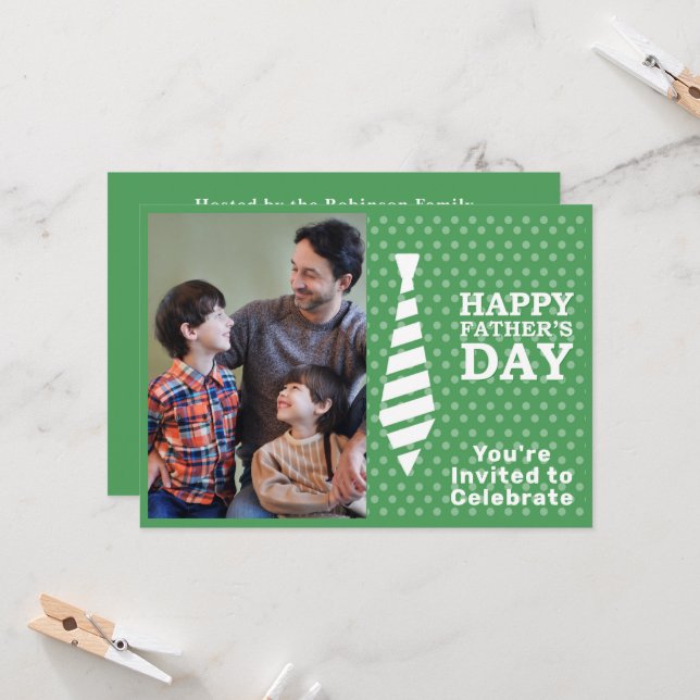 Fathers Day White Tie Green Dots Add Photo Party Invitation (Front/Back In Situ)