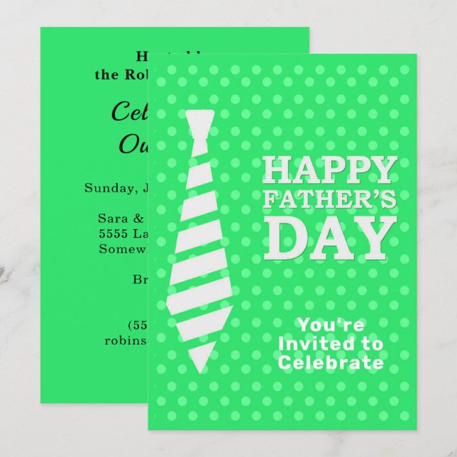 Fathers Day White Tie LT Green Dots Dinner Party Invitation (Front/Back)