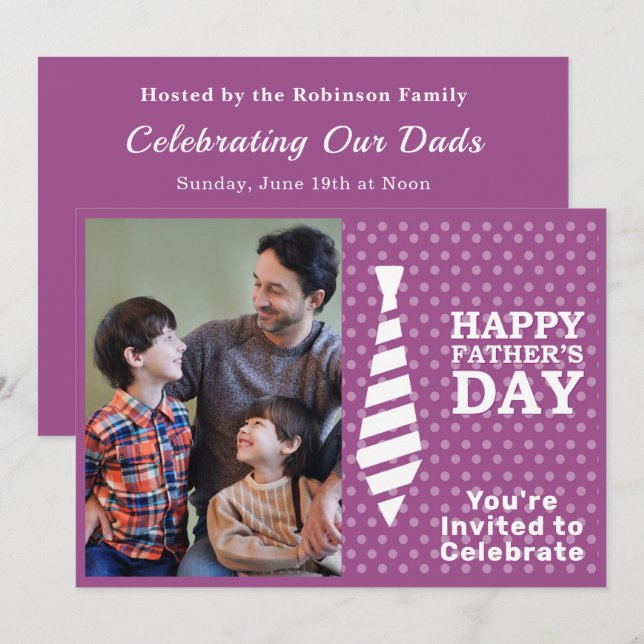 Fathers Day White Tie Purple Dots Add Photo Party Invitation (Front/Back)