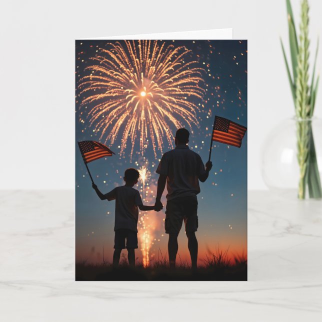 Father's Day With Fireworks and American Flags Card (Front)