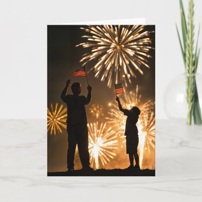 Father's Day With Fireworks and American Flags Card (Front)
