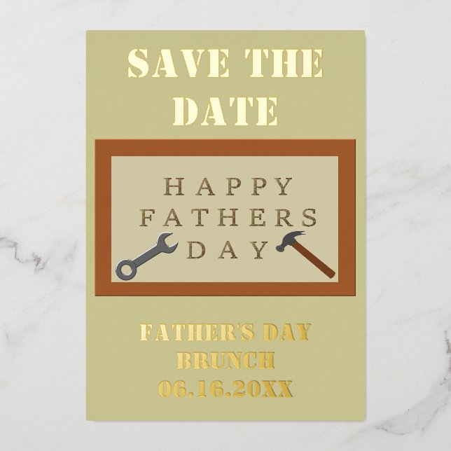 Fathers Day Wooden Sign Custom Save the Date Foil Holiday Card (Front)