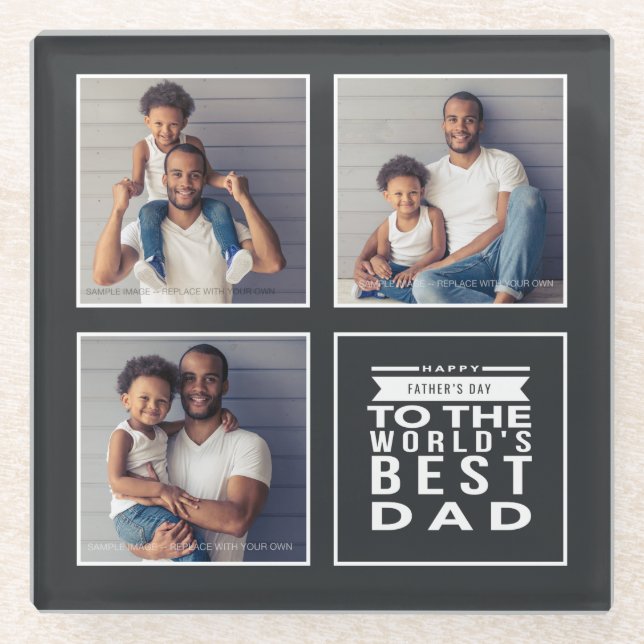 Father's Day World's Best Dad 3-Photo Collage Gray Glass Coaster (Front)