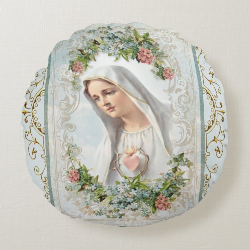 Fatima Blessed Virgin Mary Catholic Floral Round Pillow