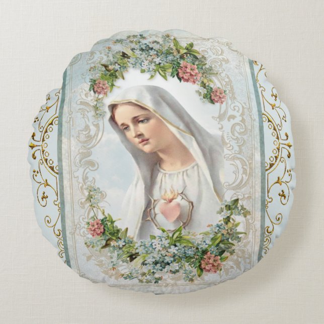 Fatima Blessed Virgin Mary Catholic Floral Round Pillow (Front)
