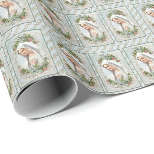 Fatima Blessed Virgin Mary Catholic Floral Wrapping Paper