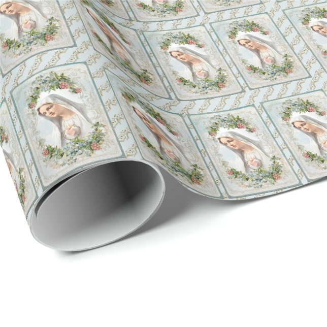 Fatima Blessed Virgin Mary Catholic Floral Wrapping Paper (Roll Corner)