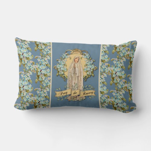 Fatima Virgin Mary Blue Floral Rosary  Lumbar Pillow