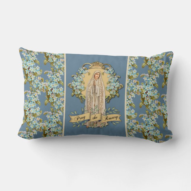 Fatima Virgin Mary Blue Floral Rosary  Lumbar Pillow (Back)