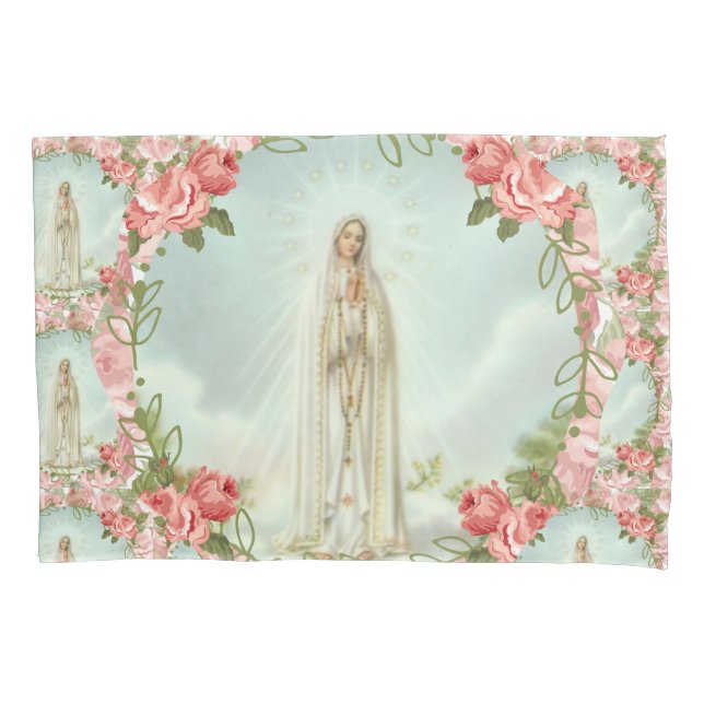 Fatima Virgin Mary Religious Pink Roses  Pillow Case (Front)
