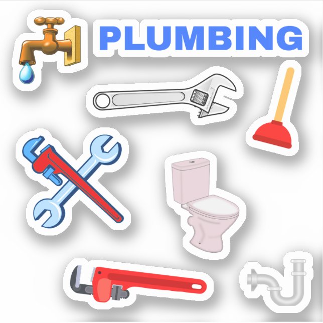 Faucet, Plunger, Toilet, Pipe Wrench Plumbing Sticker (Front)
