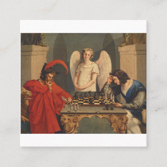 Faust And Mephistopheles Playing Chess Square Business Card (Front)