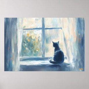 Fauvist Cat in Sunlit Window – Customizable Serene Poster