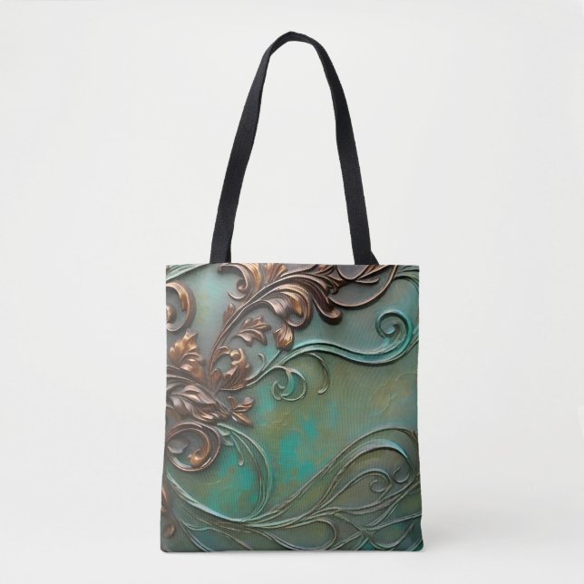 Faux 3D design teal and rust flourishes  Tote Bag (Front)