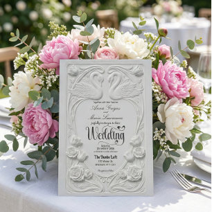 Faux 3D Embossed White Swan Floral Formal Wedding Invitation