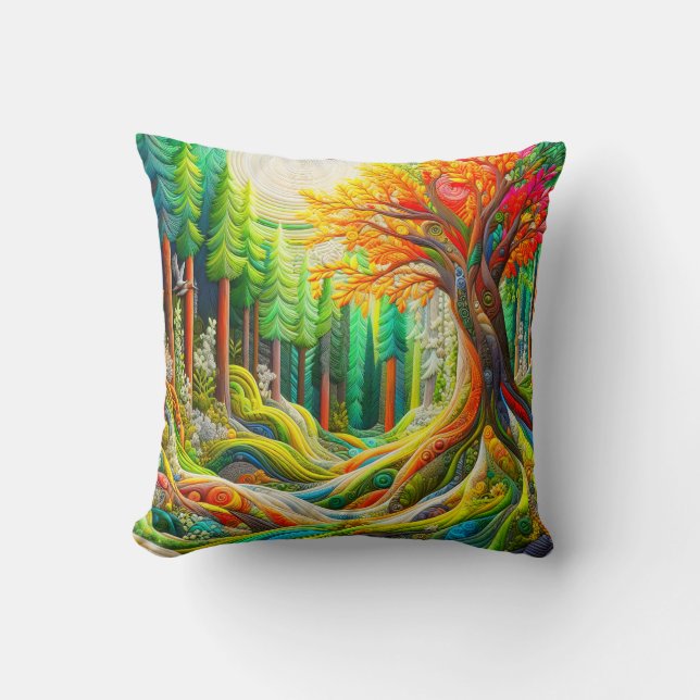Faux 3D Embroidered Modern Art Forest Landscape Throw Pillow (Front)