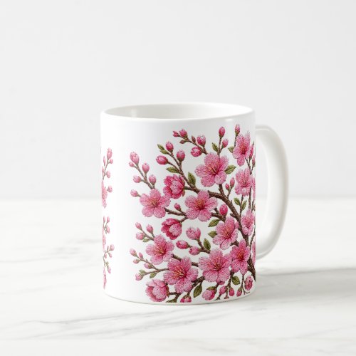 Faux 3D Embroidered Sakura Branch Illustration Coffee Mug