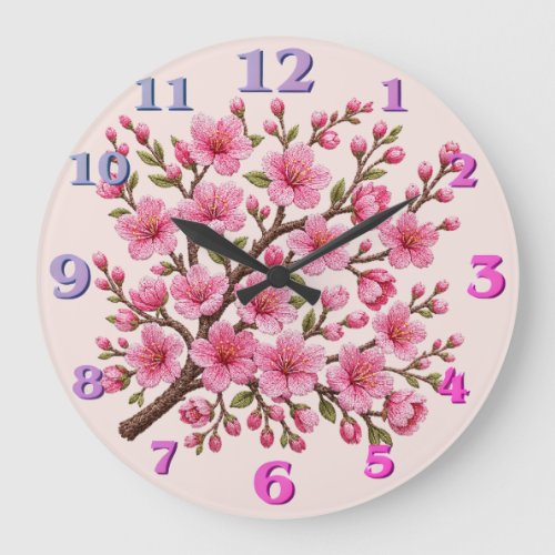 Faux 3D Embroidered Sakura Branch Illustration Large Clock