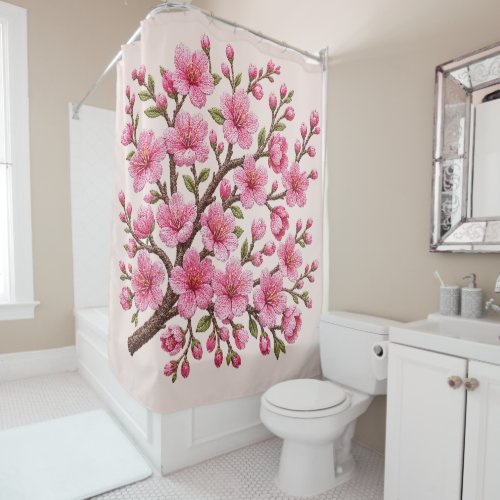 Faux 3D Embroidered Sakura Branch Illustration Shower Curtain