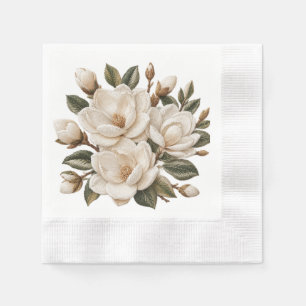 Faux 3D Embroidered White Magnolia Illustration  Napkins