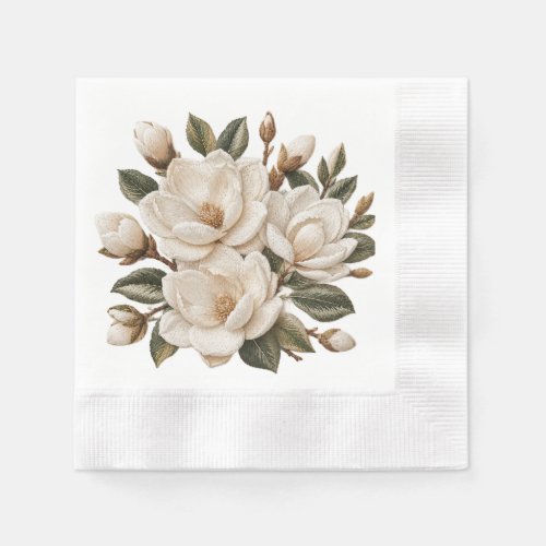 Faux 3D Embroidered White Magnolia Illustration Napkins