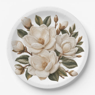 Faux 3D Embroidered White Magnolia Illustration Paper Plates