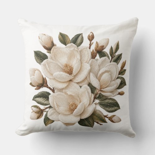 Faux 3D Embroidered White Magnolia Illustration Throw Pillow