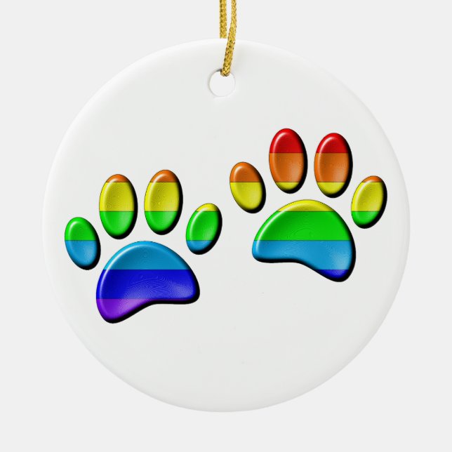 Faux 3D Rainbow Dog Paw Prints Ceramic Ornament (Front)