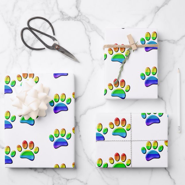 Faux 3D Rainbow Dog Paw Prints Wrapping Paper Sheets (Front)