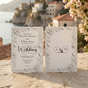Faux 3D Sculpted Floral Bas Relief Ivory Wedding Invitation