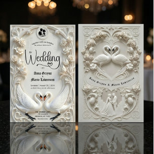 Faux 3D Sculpted Plaster Effect Ivory Wedding  Invitation