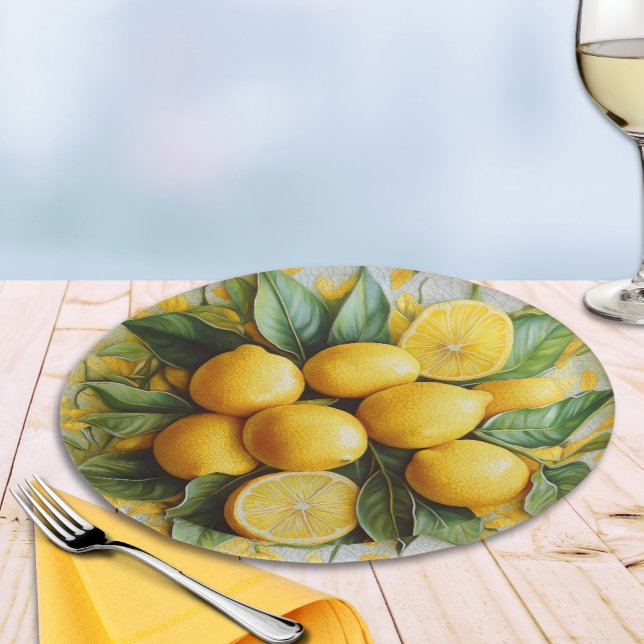 Faux 3D Sicilian Lemons Paper Plates (Faux 3D "Ceramic Style" Sicilian Lemons and Leaves Paper Plate for Italian Parties)